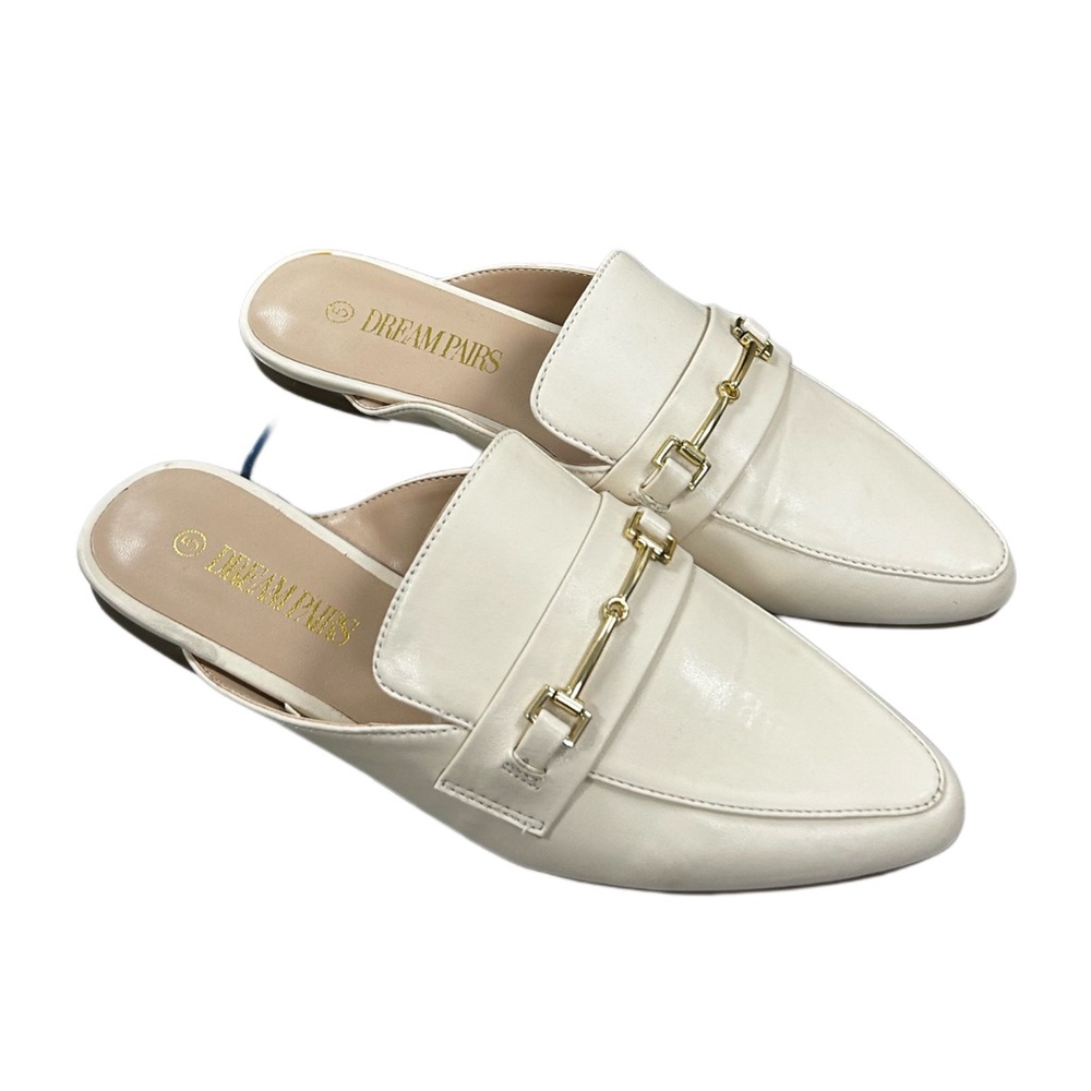 White faux leather loafers flats with gold buckle detail - Brand new never worn